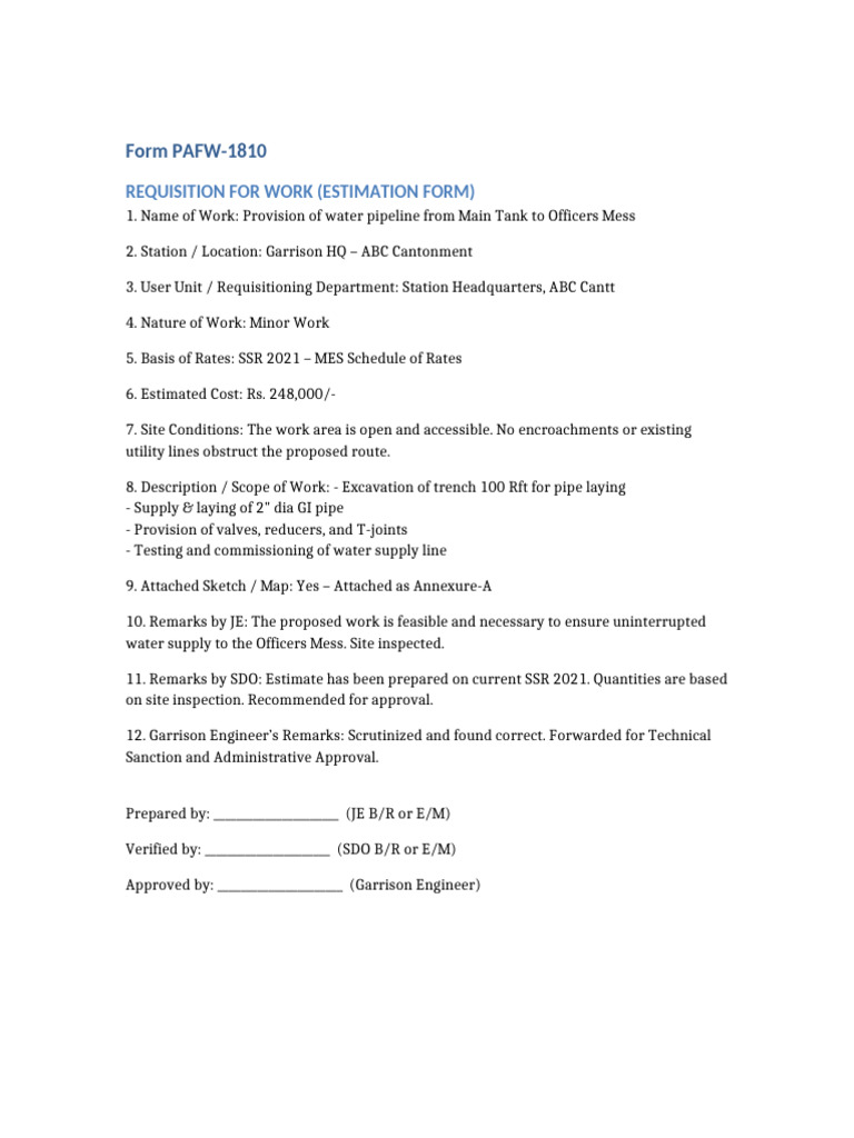 Sample PAFW-1810 Estimation Form | PDF