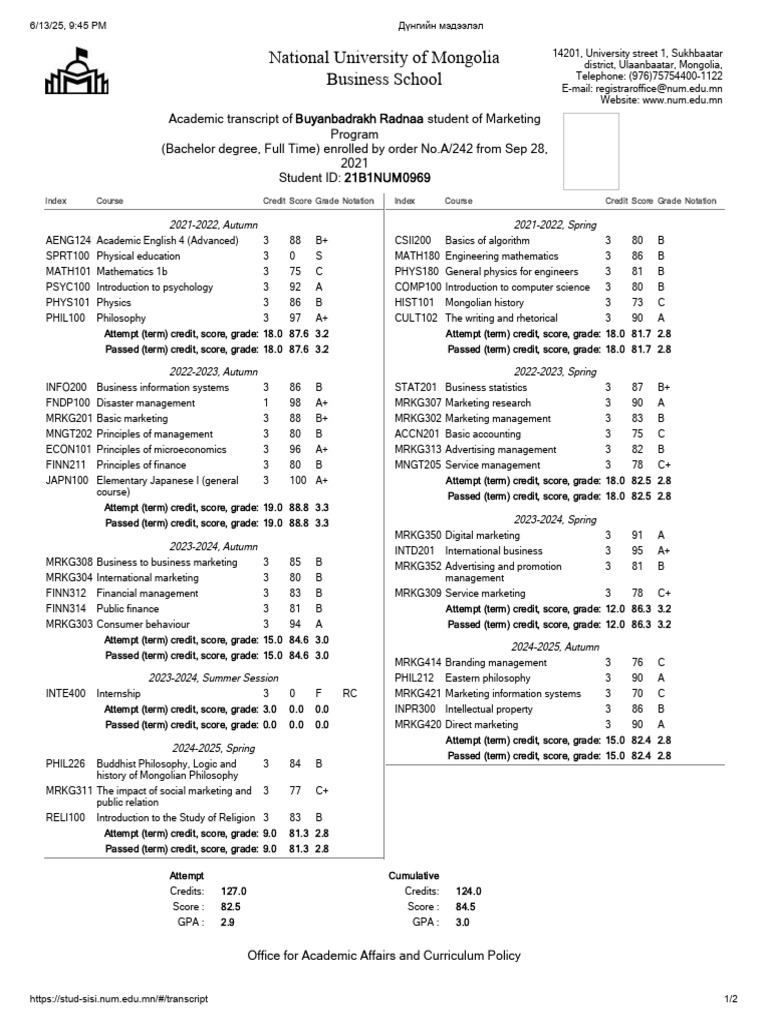 Student Transcript for Buyanbadrakh Radnaa | PDF