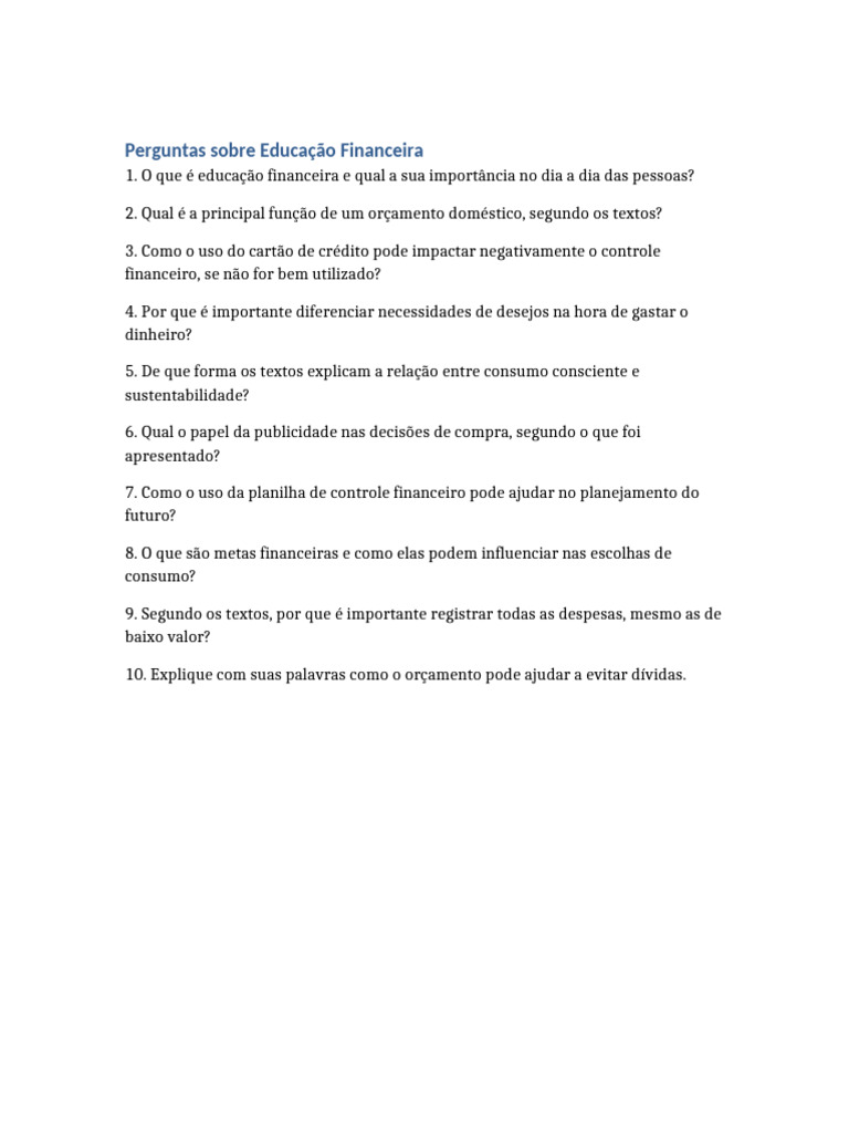 Perguntas Educacao Financeira | PDF