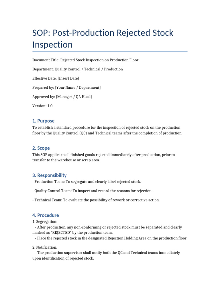 Rejected Stock Inspection SOP | PDF