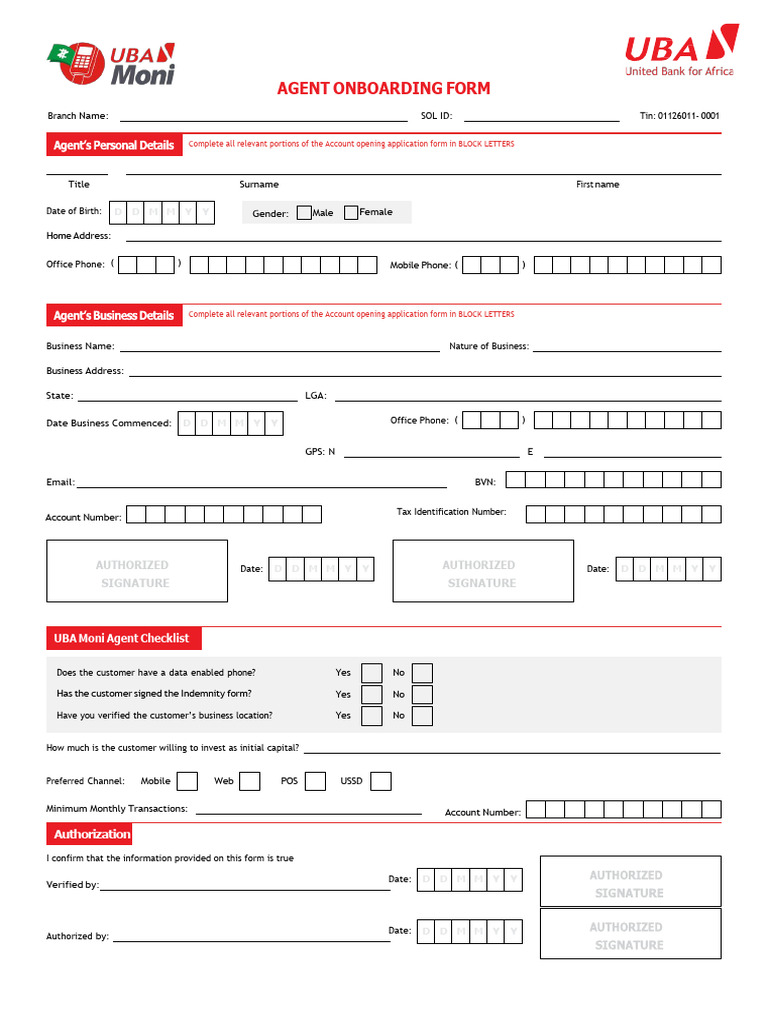 UBA Agent Onboarding Form | PDF | Banks | Insurance
