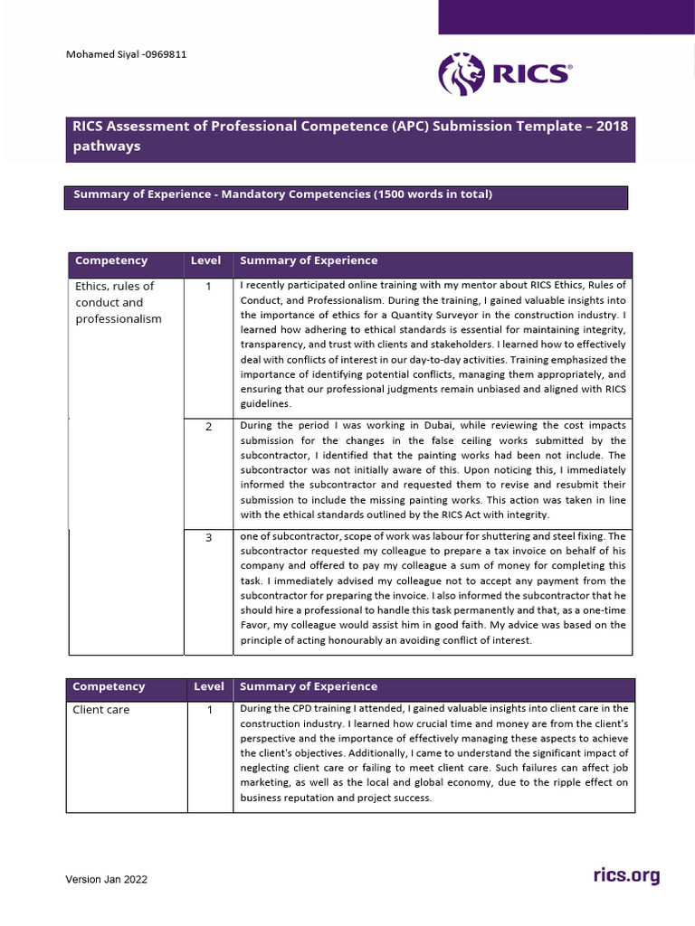 RICS APC Submission Template Overview | PDF | Valuation (Finance) | Budget