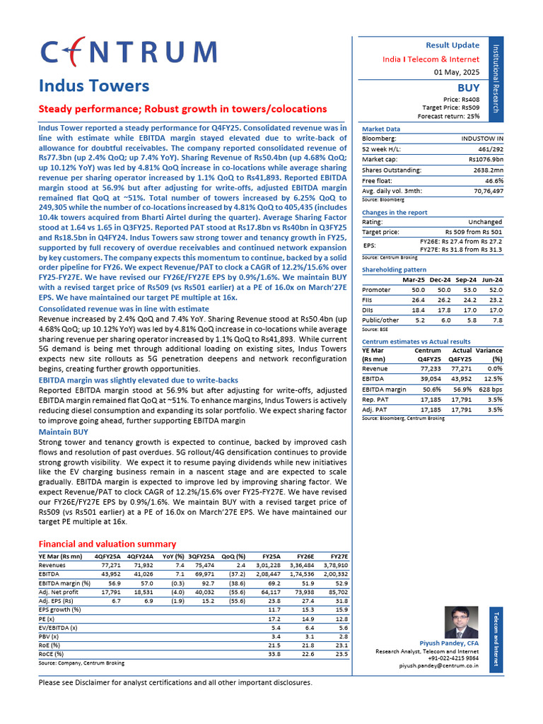 Centrum Sees 25% UPSIDE in Indus Towers Steady Performance Robust | PDF ...