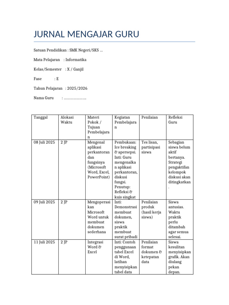 Jurnal Mengajar SMK Kelas X Kurikulum Merdeka | PDF