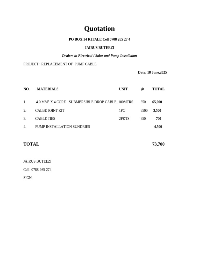 Pump Cable Replacement Quotation | PDF