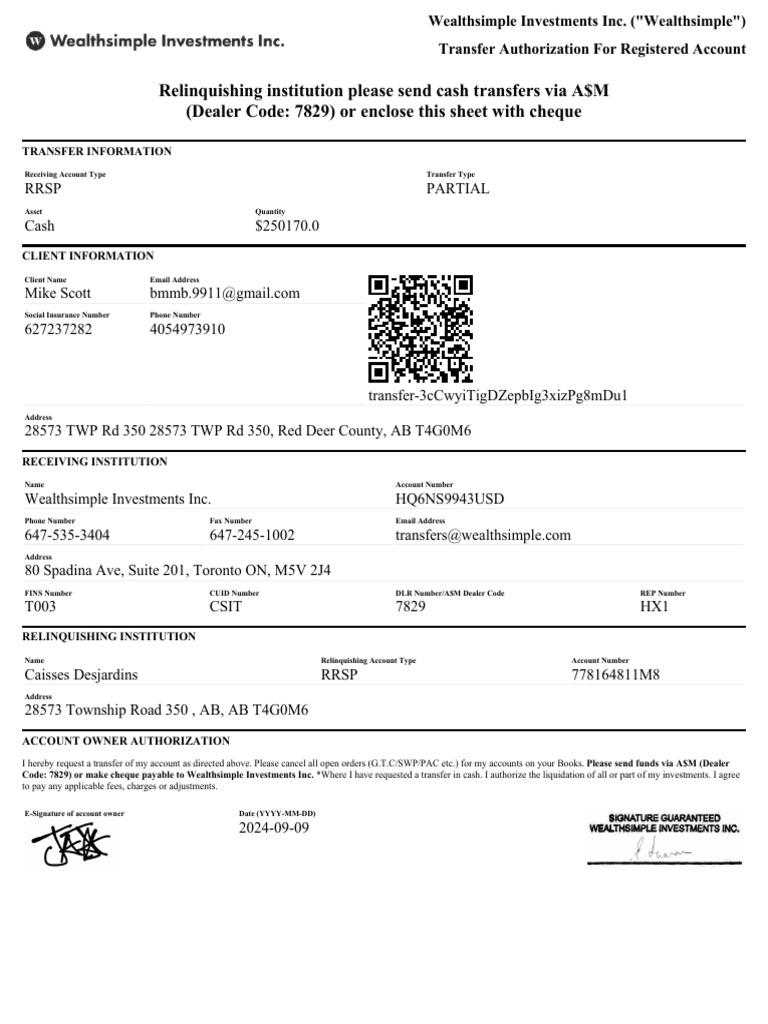 Wealthsimple RRSP Transfer Authorization | PDF | Private Sector | Business