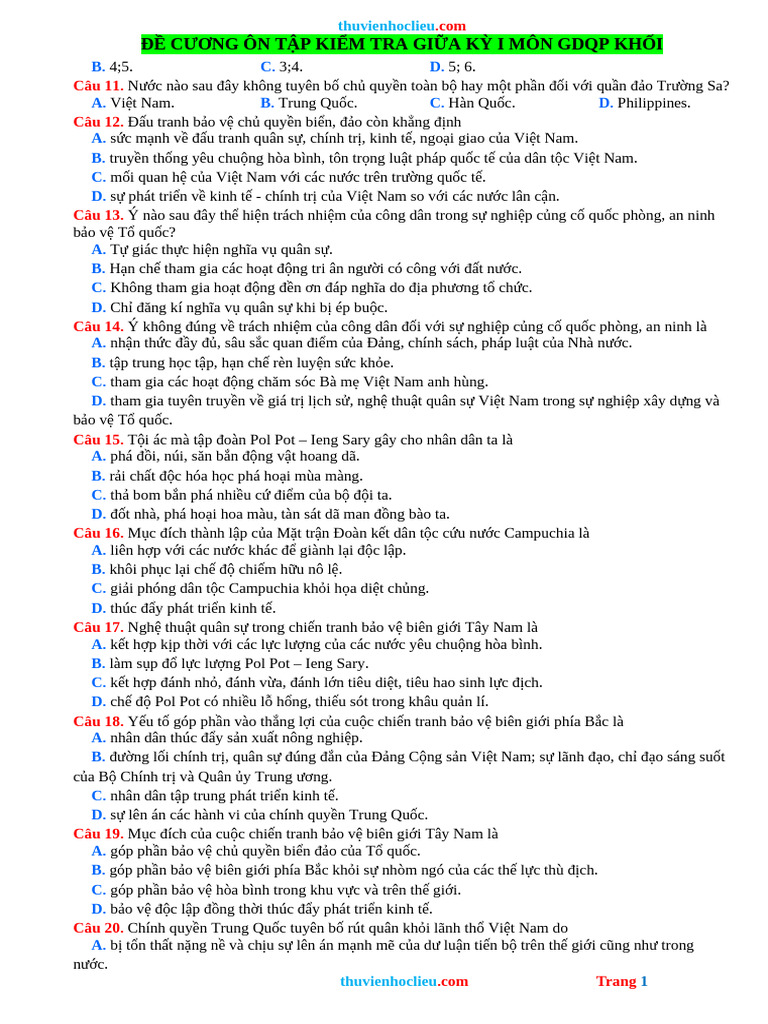 De Cuong On Tap Giua HK 1 GDQP 12 Nam Hoc 24 25 | PDF