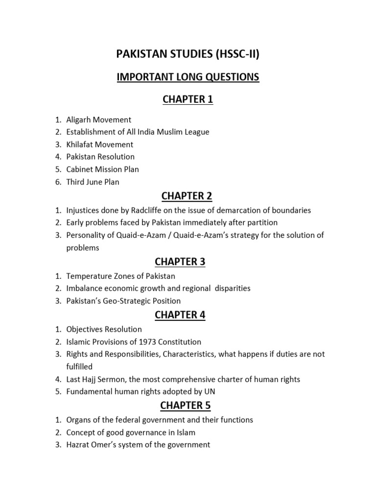 Pakistan Studies Important Long Questions | PDF