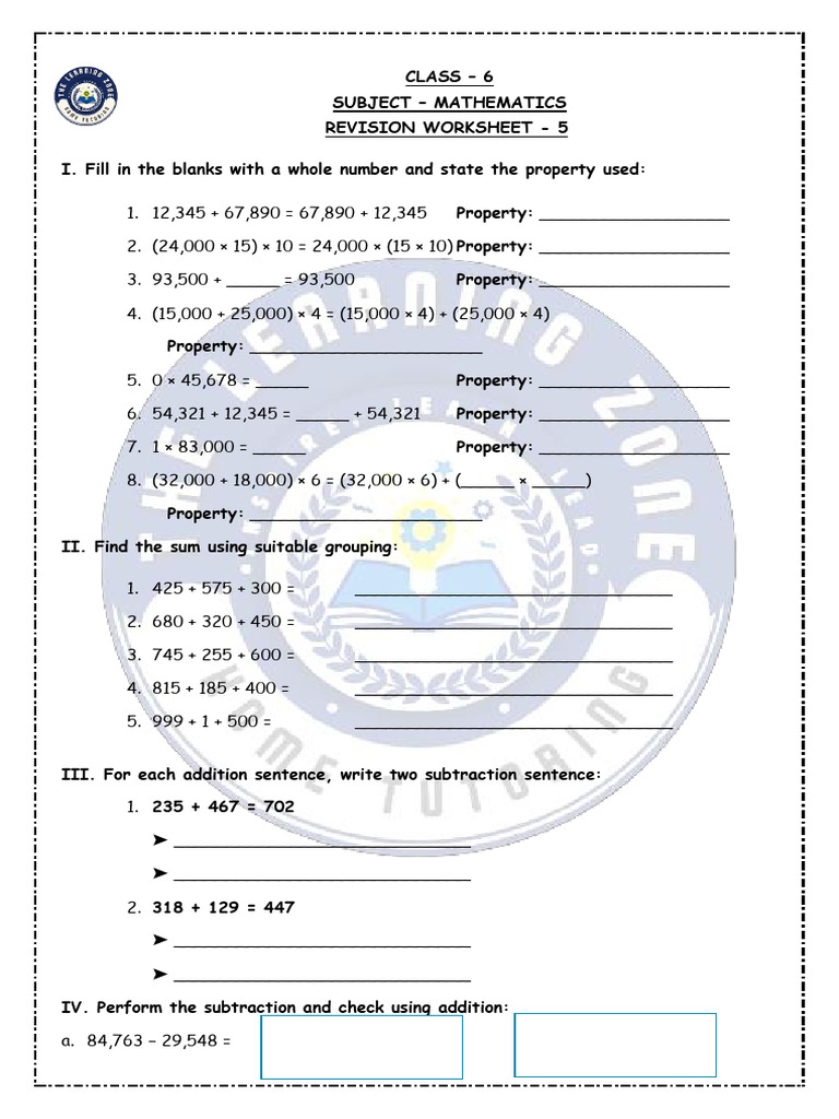 Class 6 Math Revision Worksheet 5 | PDF | Arithmetic | Elementary ...