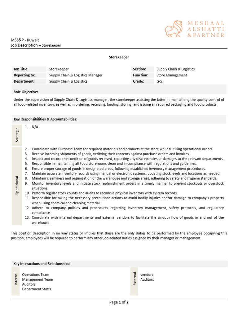 Storekeeper Job Description and Duties | PDF | Logistics | Supply Chain