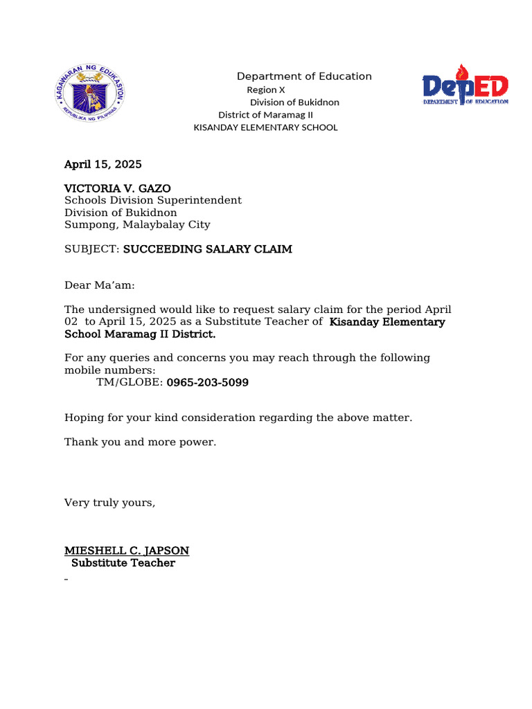 Salary Claim Request for Substitute Teacher | PDF | Educational Personnel