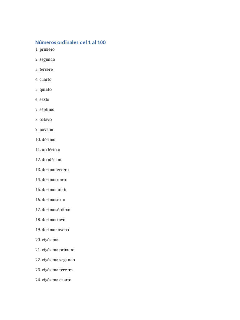 Números Ordinales Del 1 Al 100 Pdf 