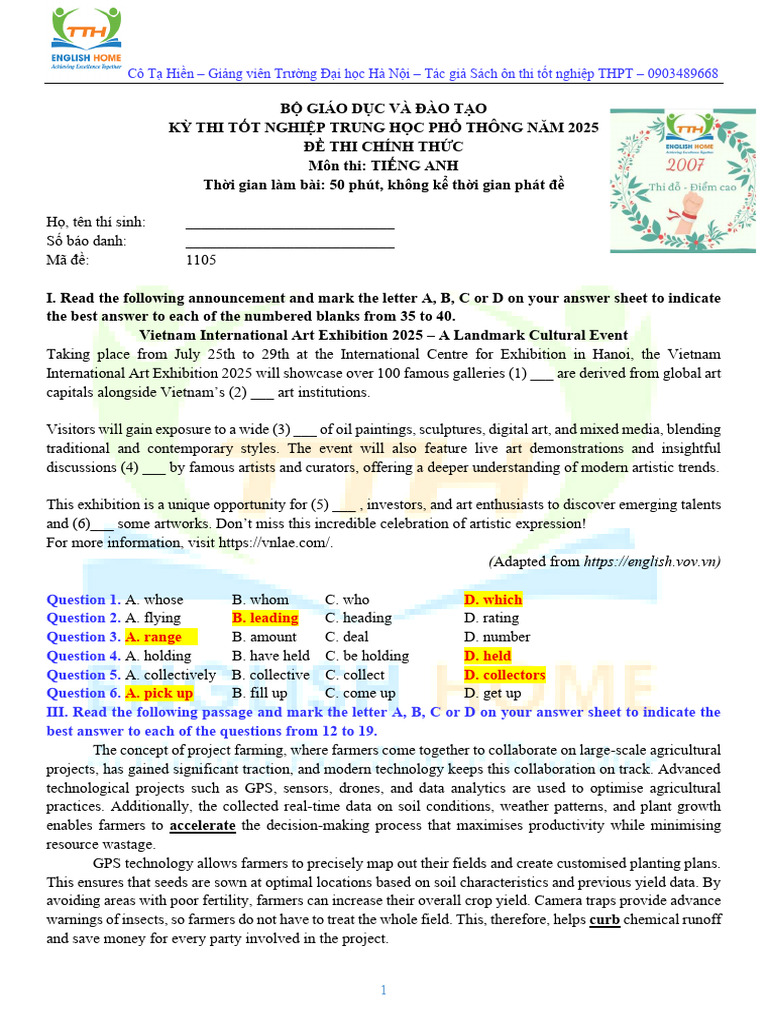 Đề Thi Tốt Nghiệp THTP Môn Tiếng Anh 2025 - FULL KEY - Mã Đề 1105 | PDF