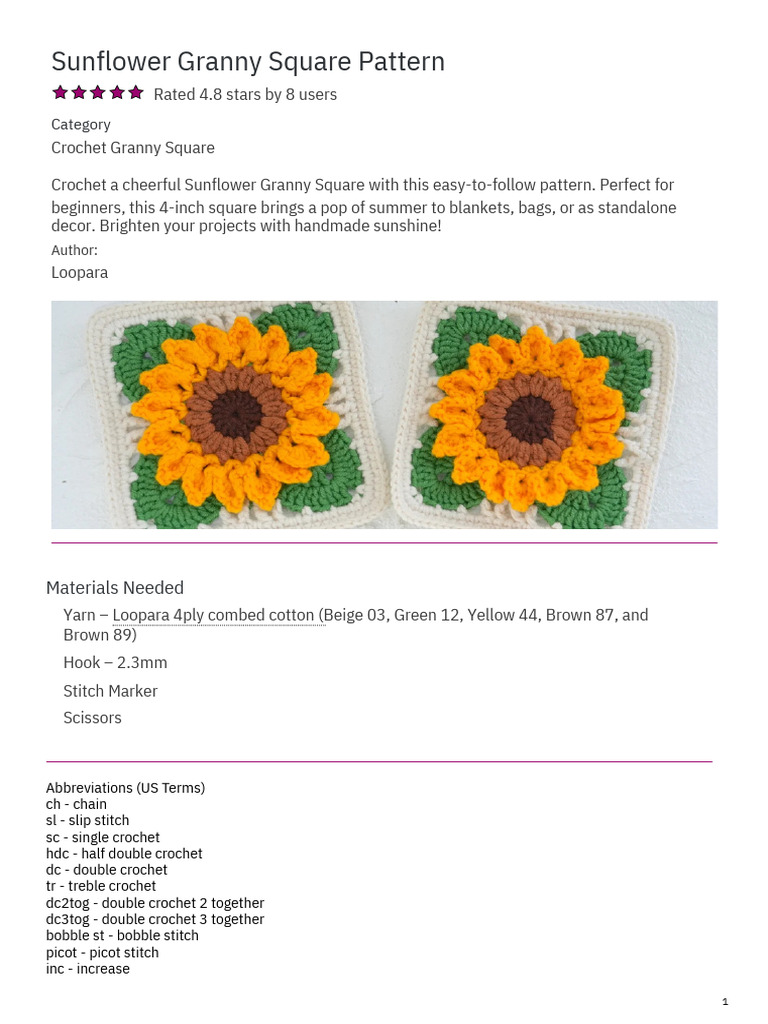 Free Sunflower Granny Square Pattern | PDF | Crochet | Folk Art