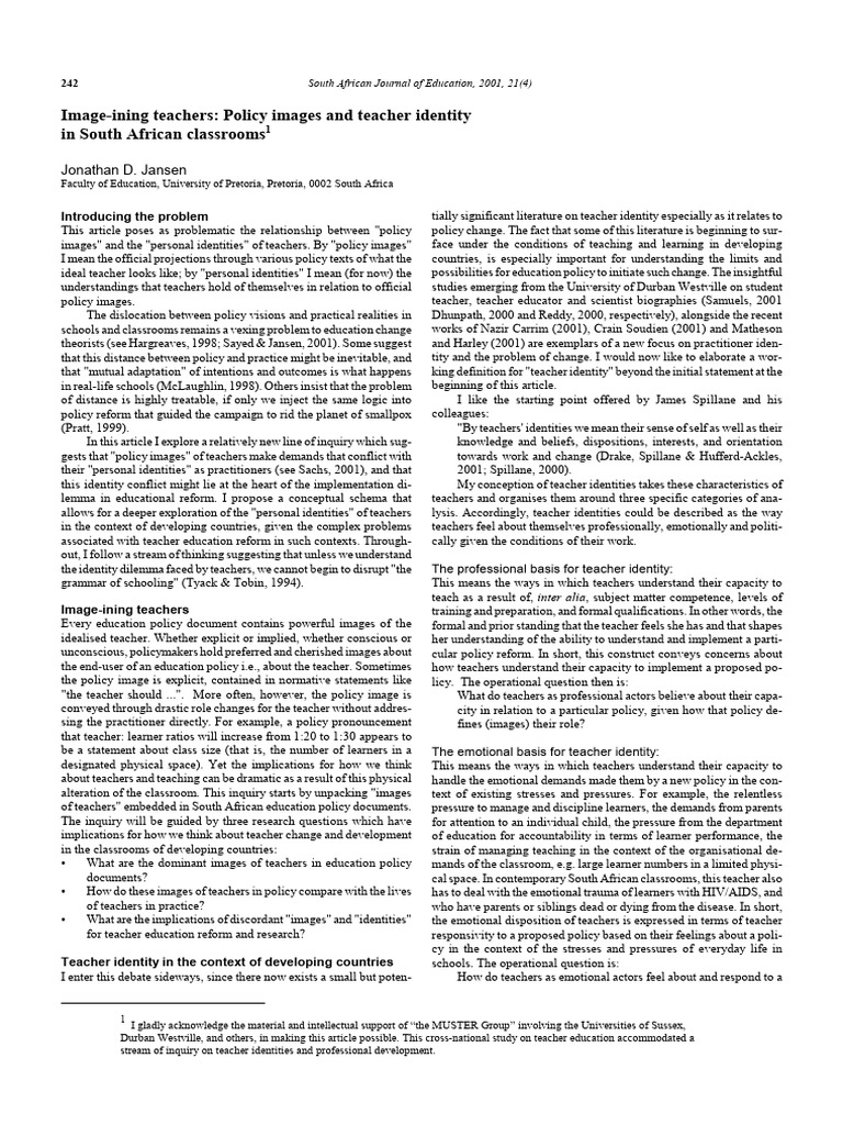 Teacher Identity and Policy in South Africa | PDF | Teachers | Identity ...