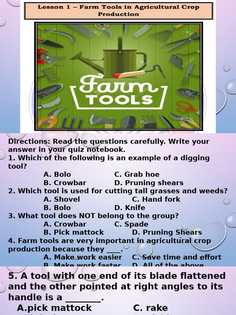 Farm Tools for Crop Production Quiz | PDF | Agriculture