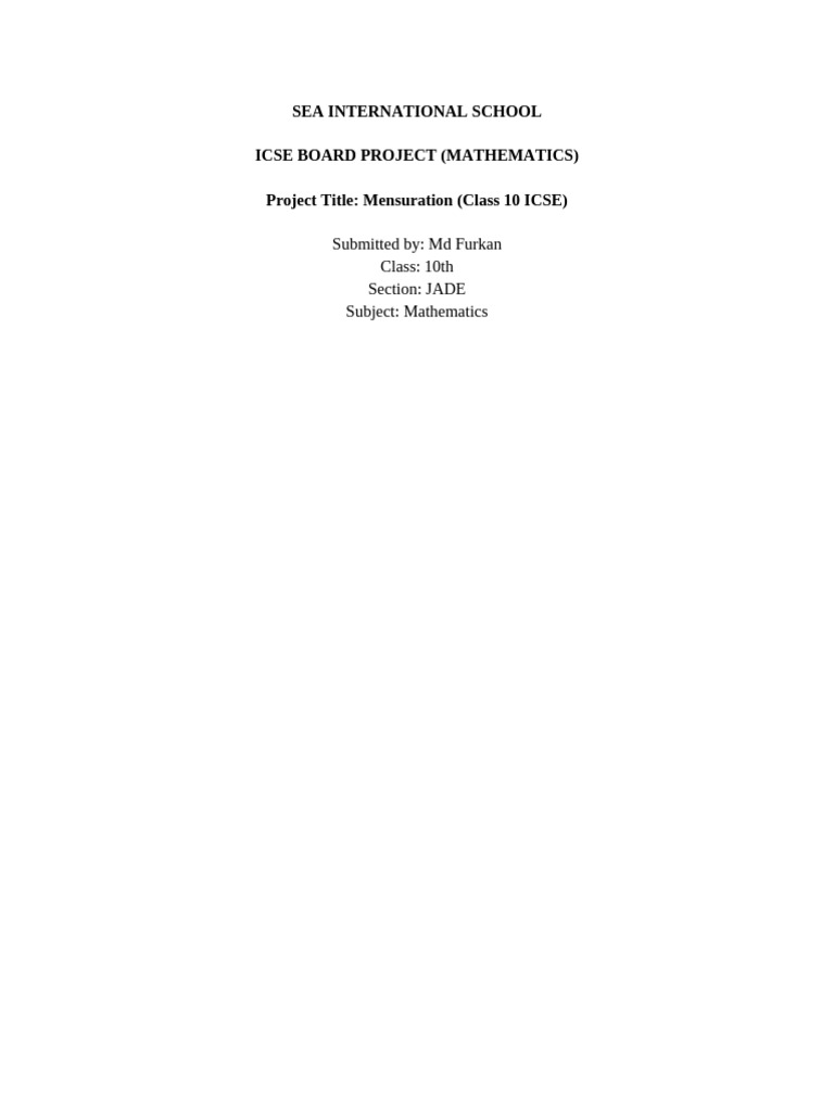 Mensuration Project for Class 10 ICSE | PDF | Area | Volume