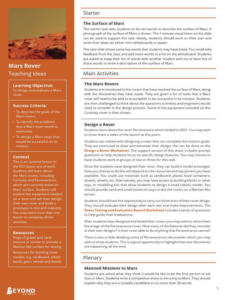 Mars Rover Design Project for Year 7 | PDF | Rover (Space Exploration ...