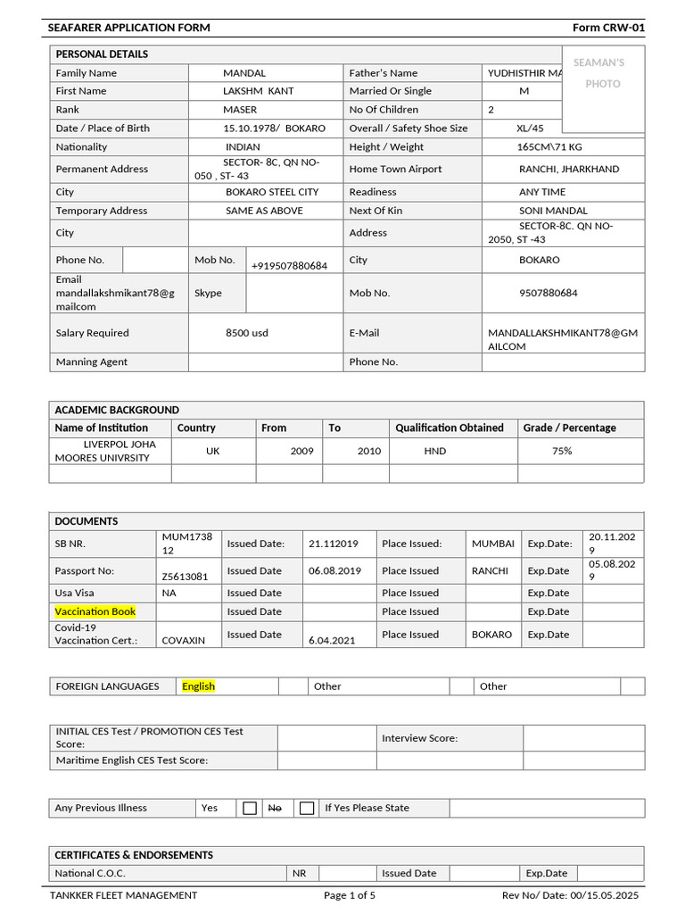 Seafarer Application Form CRW-01 | PDF | Oil Tanker | Shipping