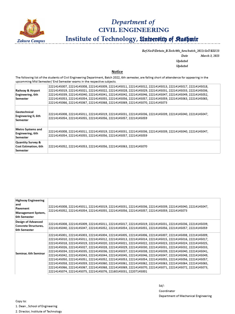 Attendance Shortfall Notice for Civil Engineering | PDF | Engineering ...