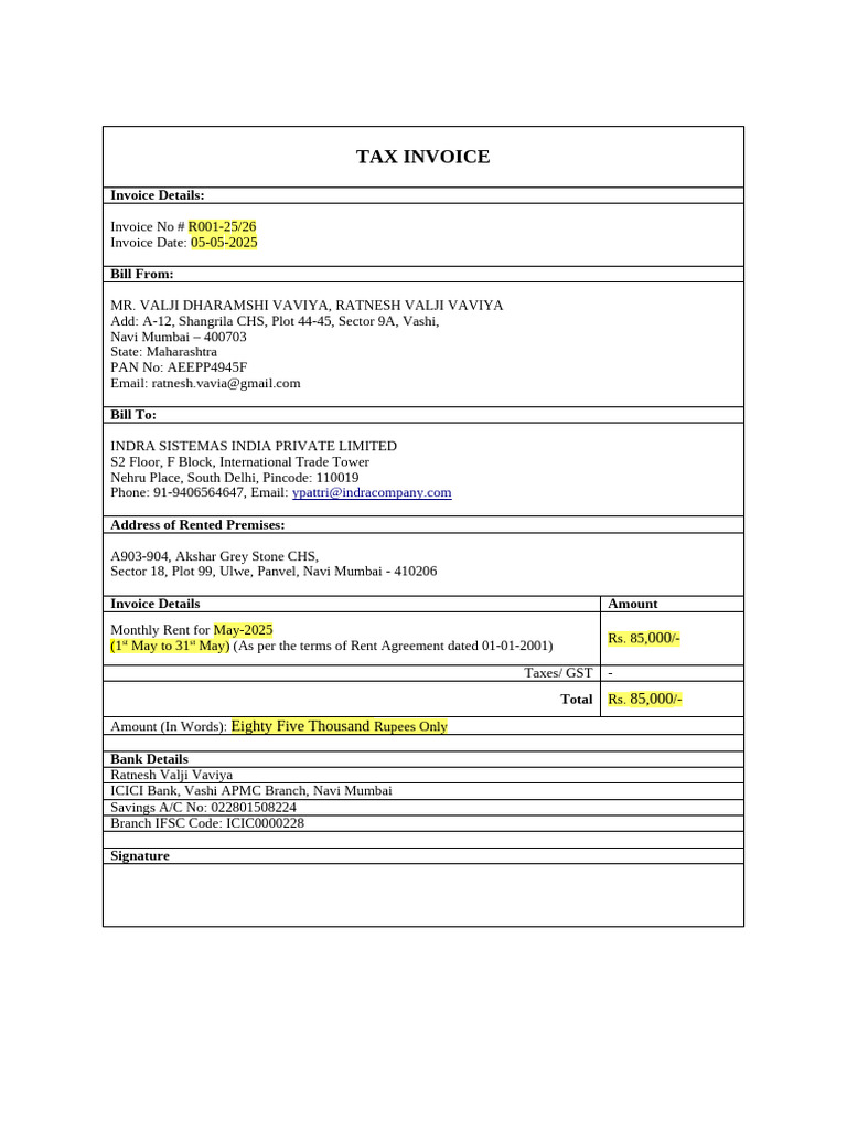 GST Rent Invoice for May 2025 | PDF