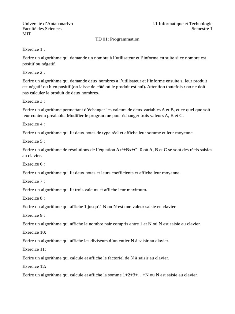 Algorithmes de Programmation en L1 Informatique | PDF | Entier relatif ...