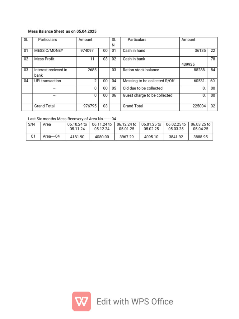 Mess Balance Sheet | PDF