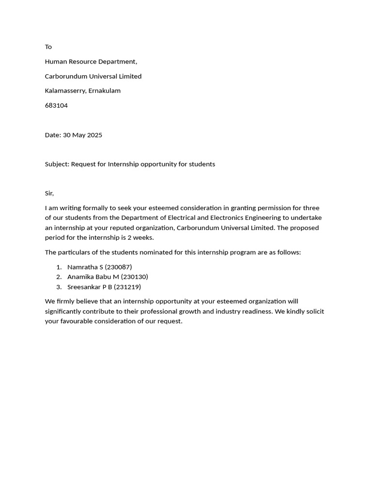 Internship Request for Engineering Students | PDF