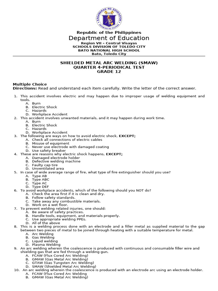 SMAW Grade 12 Periodical Test Guide | PDF | Welding | Construction