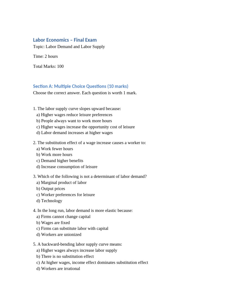 Labor Economics Final Exam Overview | PDF | Labour Economics | Supply ...