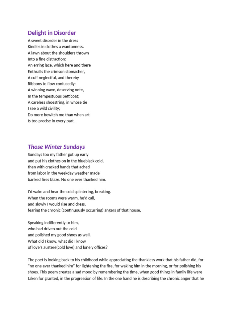 Delight in Disorder & Those Winter Sundays | PDF