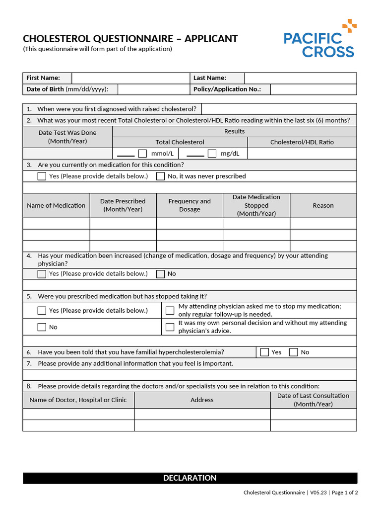 Cholesterol Questionnaire - Applicant - 2023-05 (May 23) (Final) | PDF ...