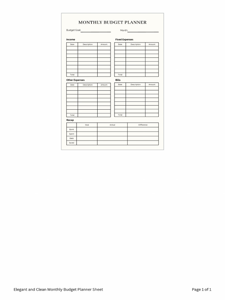 Elegant and Clean Monthly Budget Planner Sheet | PDF