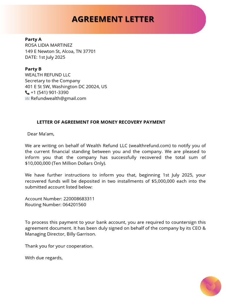 Letter of Agreement For Money Recovery Payment | PDF