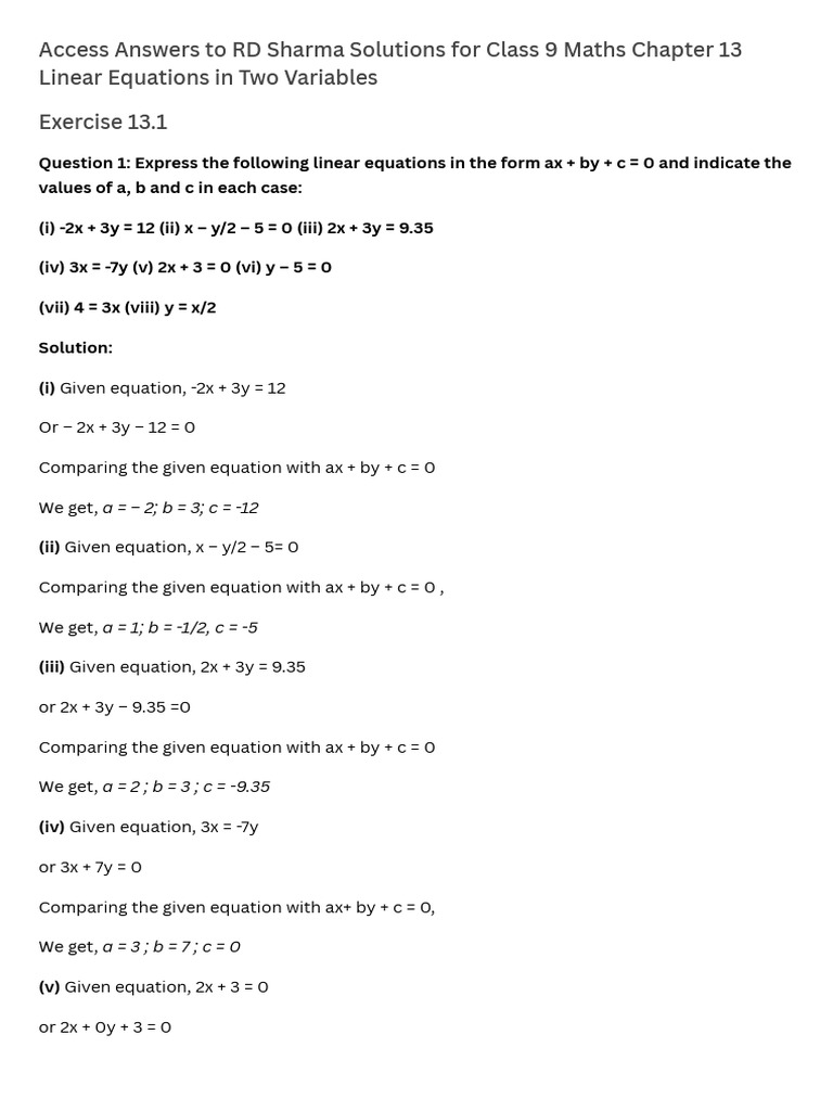 Class 9 Linear Equations Solutions | PDF | Cartesian Coordinate System ...