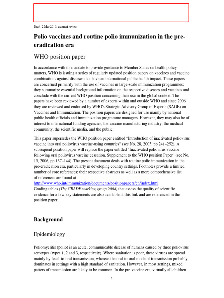 WHO Position Paper On Polio Vaccines Draft 2 March 2010 | PDF ...