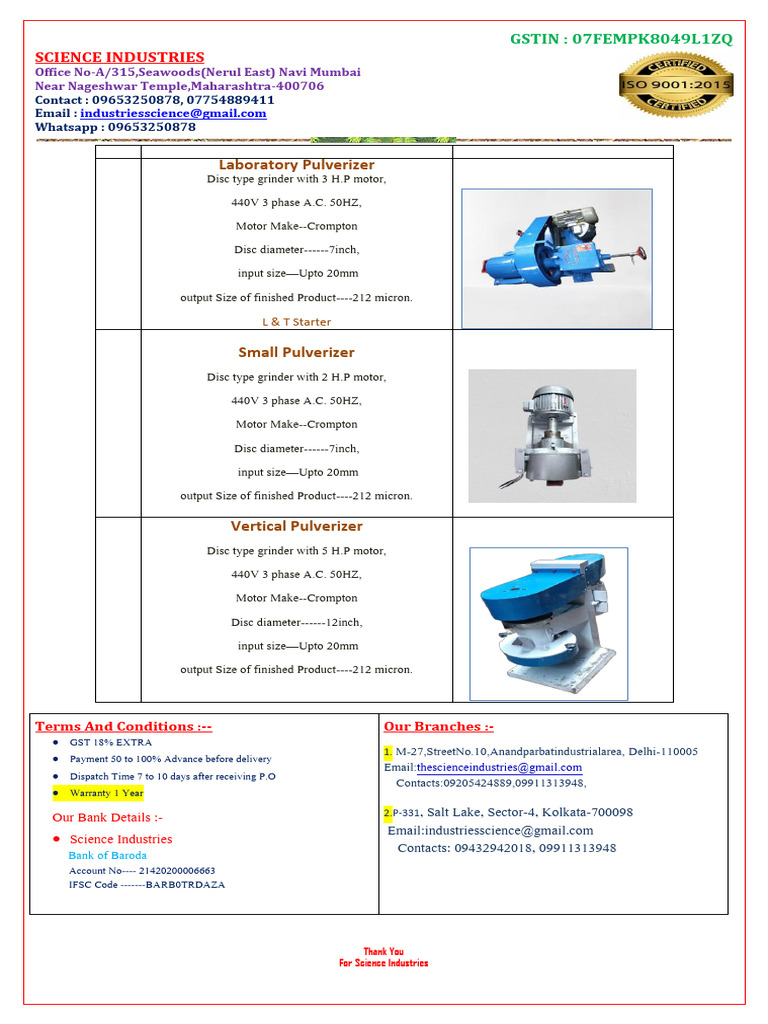 Laboratory Tablet Grinder Specifications | PDF