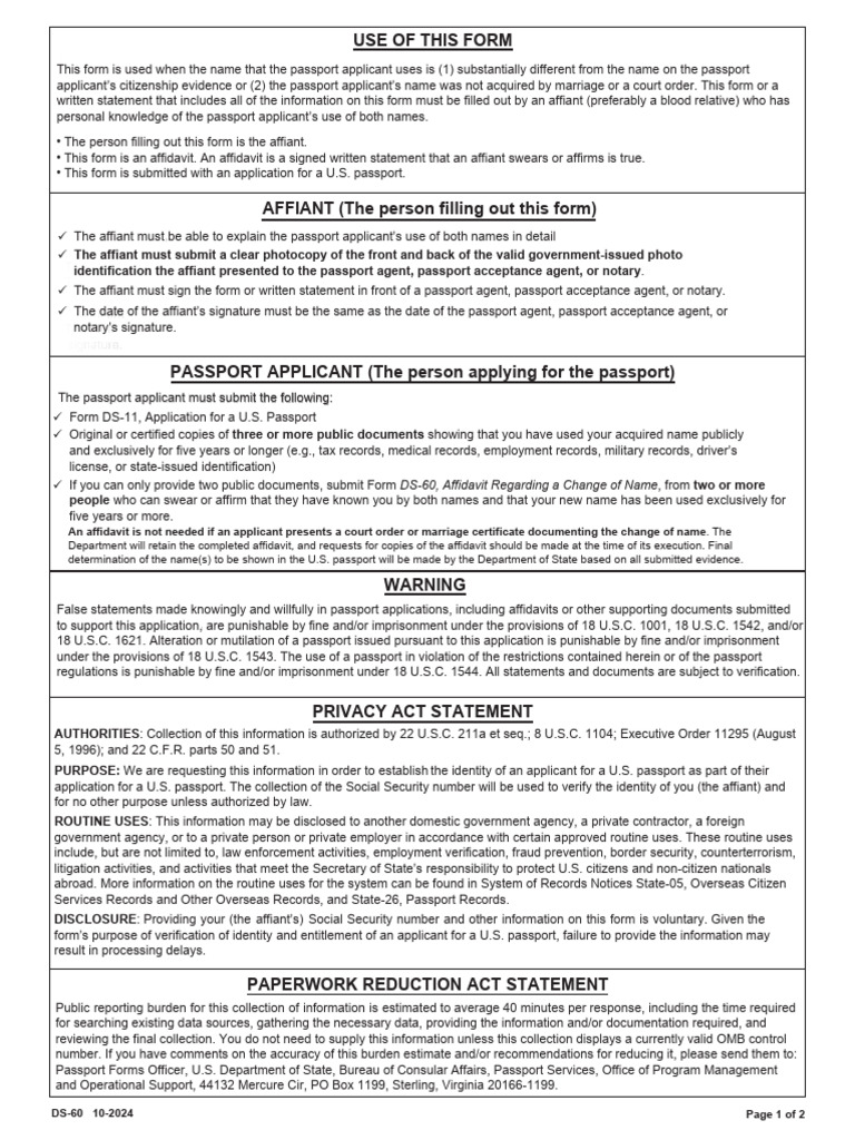 DS-60 Affidavit for Name Change | PDF | Affidavit | Identity Document