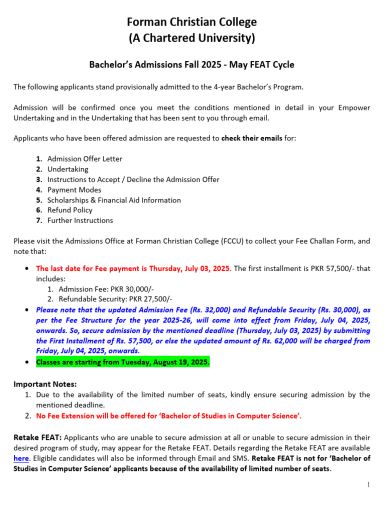FCCU Merit List and Admission 2025 | PDF