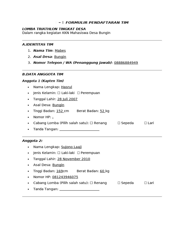 Formulir Pendaftaran Tim Triathlon Desa | PDF
