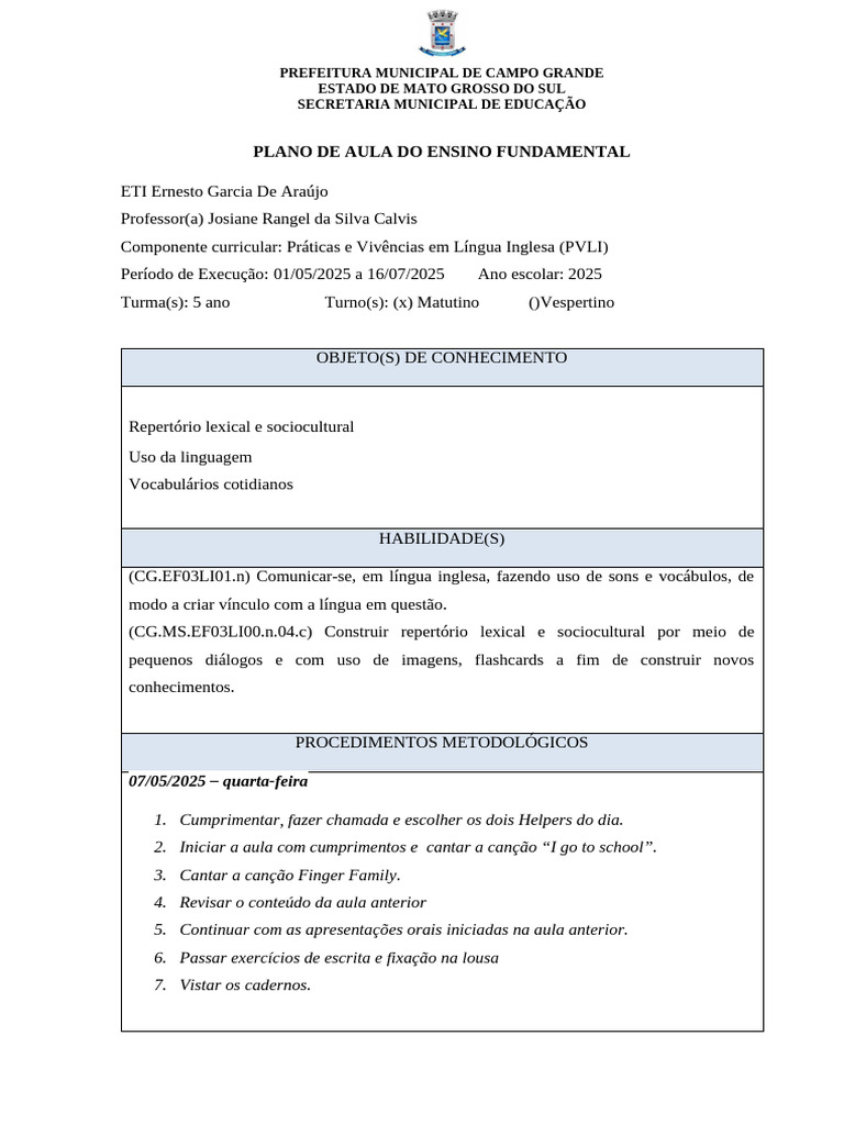 Plano de Aula: Língua Inglesa 5º Ano | PDF
