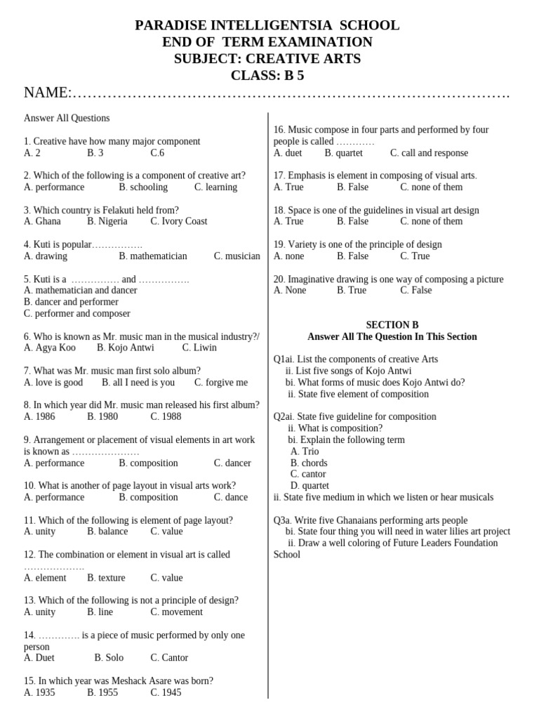 Term Two C.arts 4 6 Questions | PDF | Drawing