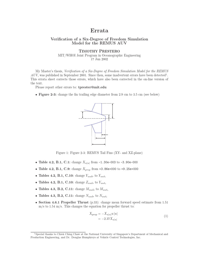 Errata for REMUS AUV Simulation Model | PDF