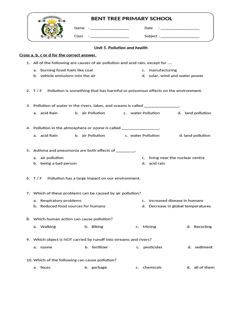 HE 5 - UNIT 5 Pollution and Health WS | PDF | Pollution | Air Pollution