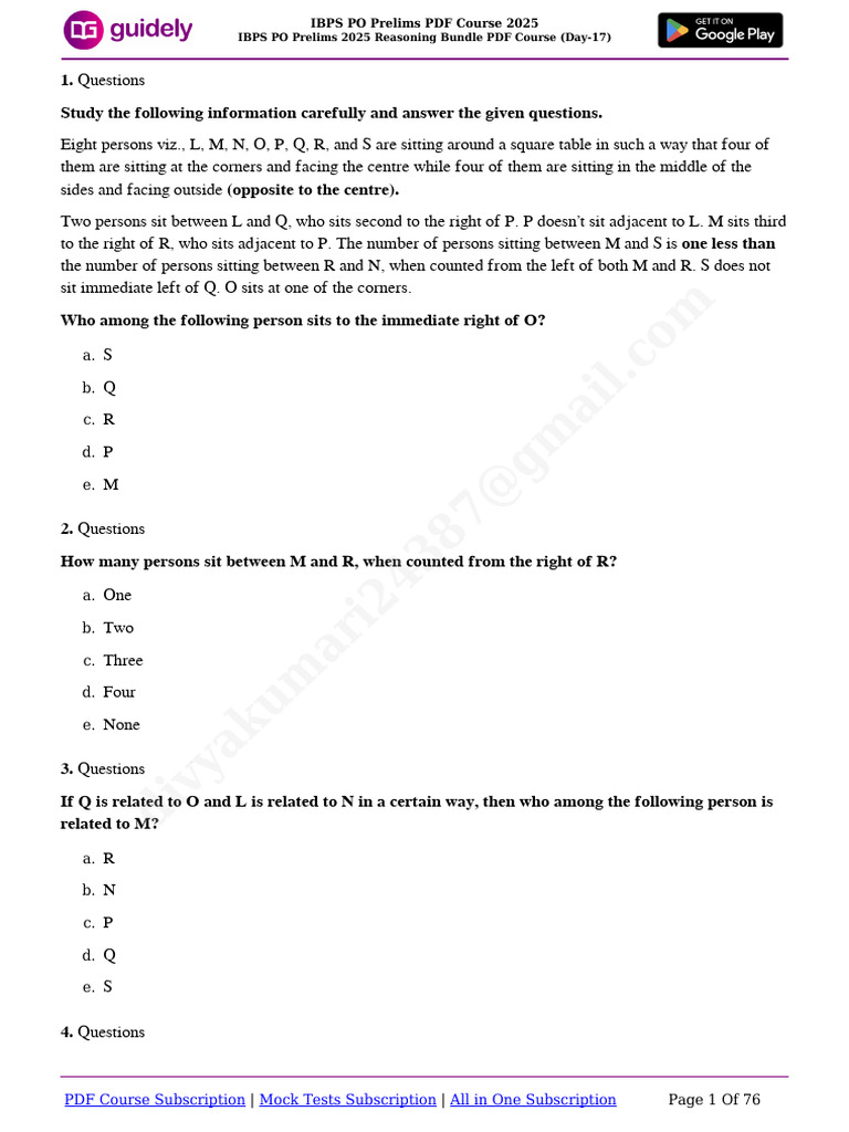 IBPS PO Prelims 2025 Reasoning Course | PDF