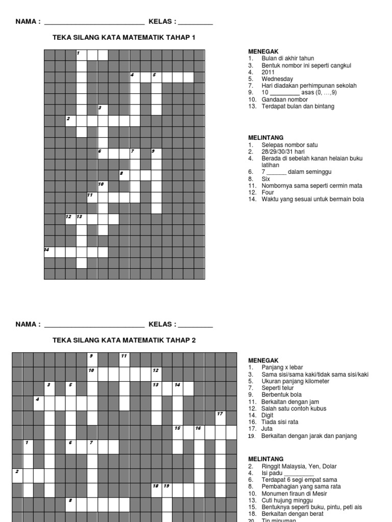 Teka Silang Kata Matematik Tahap 1 2 Soalan1