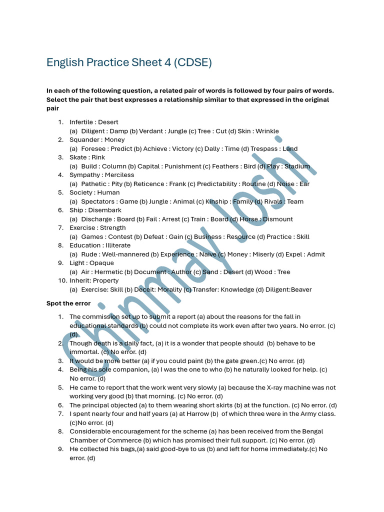 English Practice Sheet 4 (CDSE) | PDF