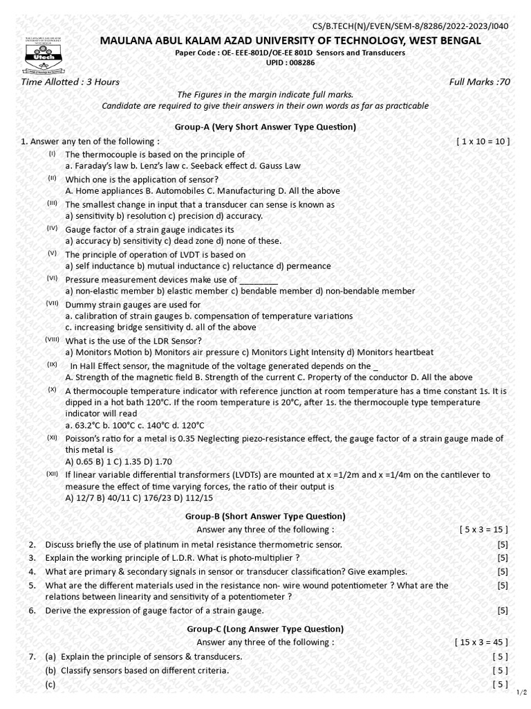 Sensors and Transducers Exam Paper | PDF | Sensor | Thermocouple