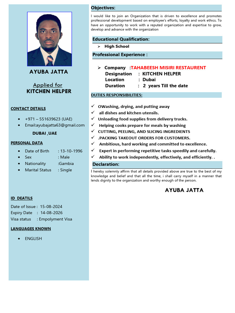 Kitchen Helper Resume of Ayuba Jatta | PDF | Food And Drink Preparation ...