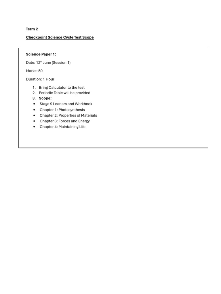 Science Cycle Test Scope | PDF